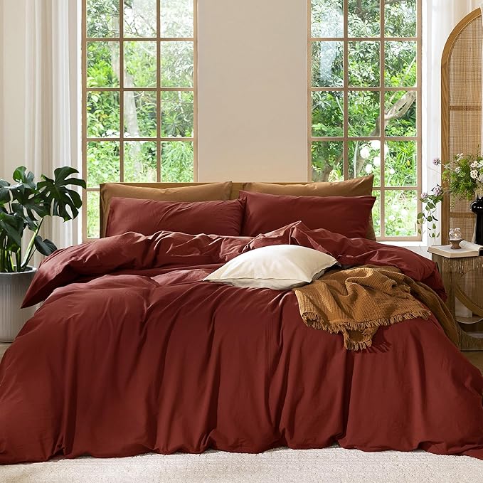 MooMee Bedding Duvet Cover Set 100% Washed Cotton Linen Like Textured Breathable Durable Soft Comfy (Solid Fired Brick Red, Full 80"x90")