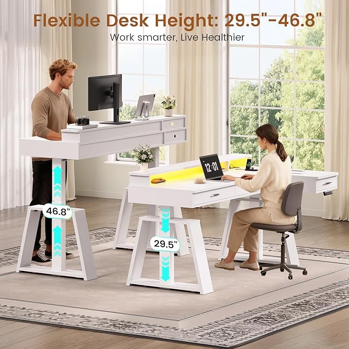 SEDETA 59 Inch L Shaped Electric Standing Desk with Drawers, Executive Adjustable Desk with Power Outlets, Monitor Stand, Sit Stand Computer Table for Home Office, White