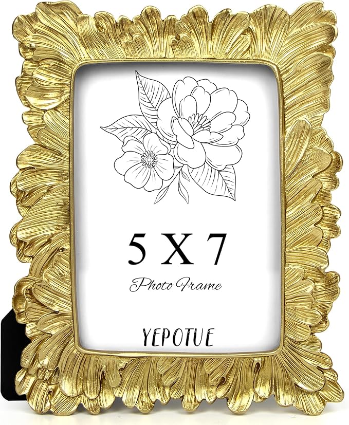 5x7 Vintage Picture Frame Gold, Ornate Leaves Photo Frame with Glass Front, Elegant Picture Frame for Wall or Tabletop Display, Gift ldeas for Home Decor