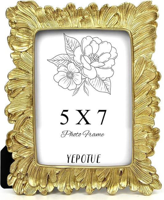 5x7 Vintage Picture Frame Gold, Ornate Leaves Photo Frame with Glass Front, Elegant Picture Frame for Wall or Tabletop Display, Gift ldeas for Home Decor