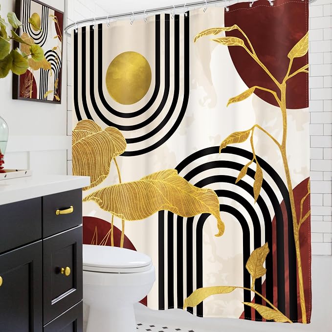Glawry Red Abstract Mid Century Shower Curtain Boho Retro Tropical Palm Tree Plant Minimalist Sun Arch Bathroom Geometric Aesthetic 60Wx72L Inches Bath Accessories Art Home Decor Fabric 12 Pack Hook