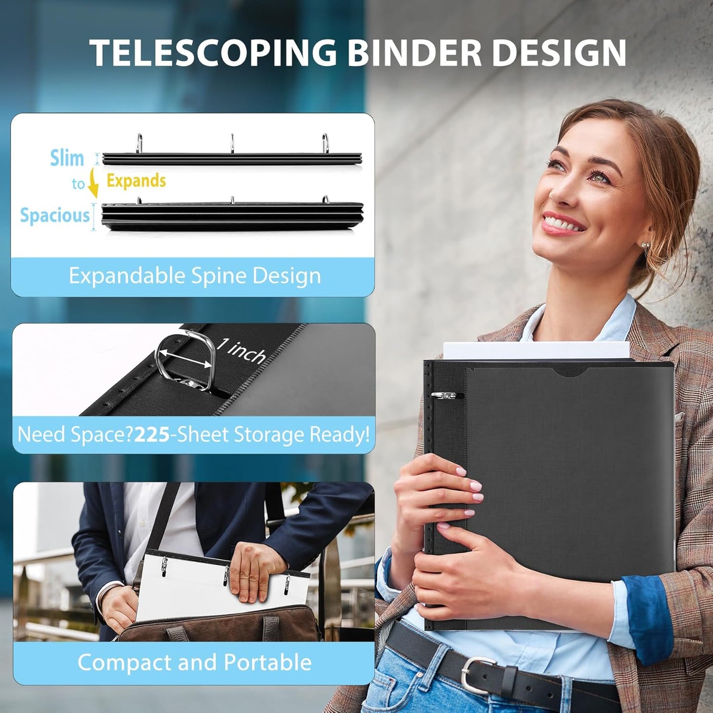 WOT I 12-Pack Telescoping 3 Ring Binder - Expandable, Portable Design Holds 225 Sheets | Black