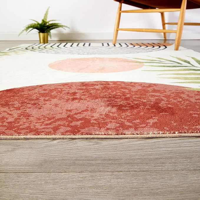 RoomTalks Mid Century Modern Washable Rug, Boho Cute Aesthetic 9x12 Area Rugs Large Carpet for Bedroom Dining Living Room Entryway Office, Contemporary Abstract Leaves Thin Pile Accent Indoor Rug
