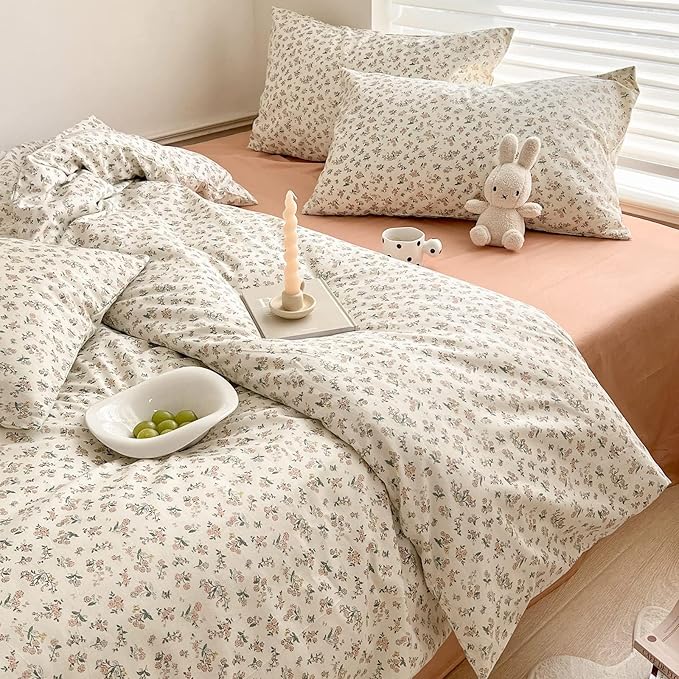 Aesthetic Floral Duvet Cover Full Breathable Soft 100% Cotton Floral Comforter Cover Vintage French Style Duvet Cover Girls Cottagecore Bedding Set Botanical Flower Comforter Cover with 2 Pillowcases