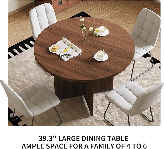 HIPIHOM Modern Round Dining Table Set for 2, 39.4" Walnut Kitchen Table with 2 PU Leather Chairs, 3-Piece Mid-Century Dining Room Set for Small Spaces, Pedestal Base & Ergonomic Padded Chairs