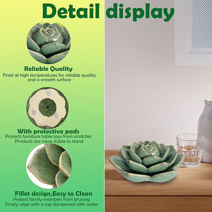 Ceramic Succulent Flowers Table Top with Stable Base, 3D Handmade Tablescape Decorative (Green)