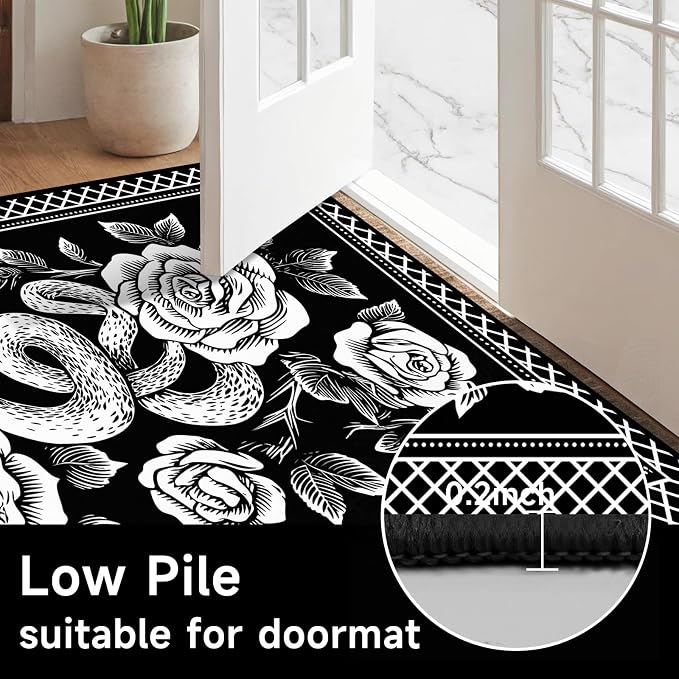 6'x9' Gothic Snake and Rose Area Rug Black and White Floral Vine Floor Mat Retro Boho Carpet Washable Low Pile Indoor Rugs for Entryway Bedroom Living Room Kitchen Home Decor