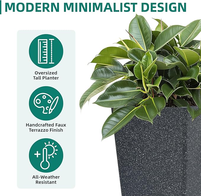 28" Plant Pots Tall Planters for Plants Outdoor Set of 2 Plastic Planter Pot Large Flower Pots Indoor Weather-Resistant for Patio, Porch, Garden, Front Door Christmas Decor Terrazzo Black