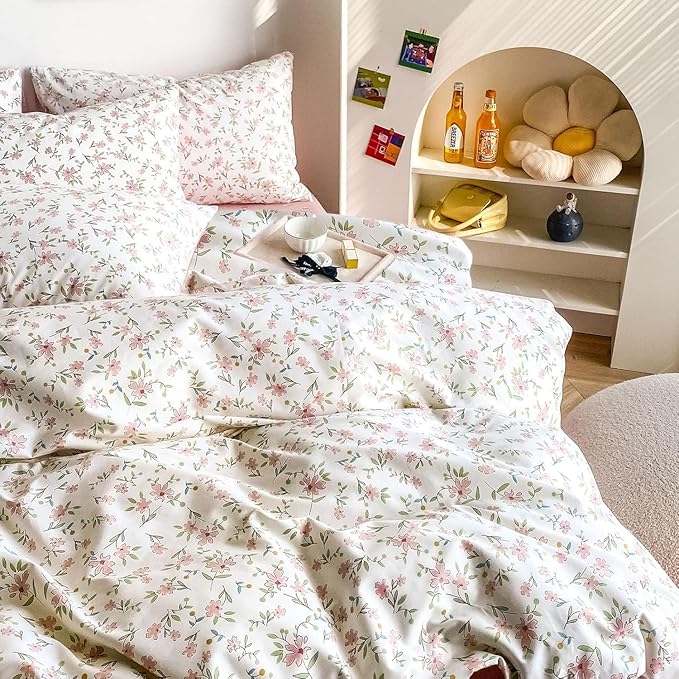 LifeTB Garden Style Pink Floral Comforter Set Full Size All Season Chic Floral Farmhouse Bedding Comforter with 2 Pillowcases Vintage Botanical Comforter Set Fluffy Cozy Comforter for Girls Women