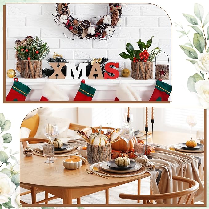 12 Pcs Wooden Vase for Centerpieces Christmas Table Decor Wooden Flower Vase Rustic Bark Stump Buckets Vintage Wood Planter Pots for Xmas Woodland Party Wedding Window Home Farmhouse (Large)