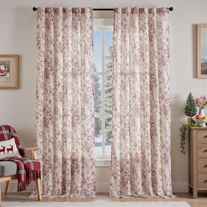 jinchan Linen Blend Curtain Floral Curtains for Living Room 108 Inch Length Christmas Brick Red Printed Curtain Rod Pocket Back Tab Farmhouse Peony Flower Patterned Drapes Curtains Set 2 Panels