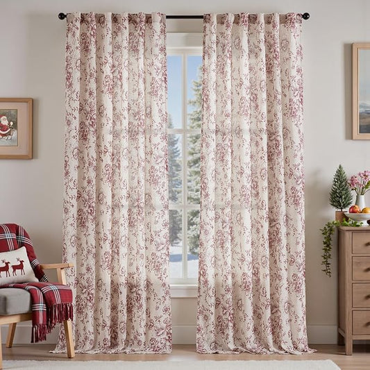 jinchan Linen Blend Curtain Floral Curtains for Living Room 96 Inch Length Christmas Brick Red Printed Curtain Rod Pocket Back Tab Farmhouse Peony Flower Patterned Drapes Curtains Set 2 Panels