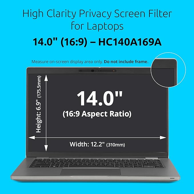 Kensington High Clarity Privacy Screens Filter for 14 inch 16:9 Laptops, Easy Installation Privacy Filter, Anti-Glare, 2H Hardness Protection, Compatible with HP Lenovo Samsung Asus HC140A169A