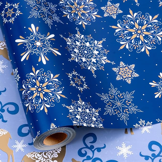 MAYPLUSS Christmas Wrapping Paper Roll - 17 Inch X 33 Feet - Navy Blue Christmas Snowflake Reversible Gold Reindeer Gift Wrapping Paper, Thick Wrap Paper for Holiday Party New Year Kids