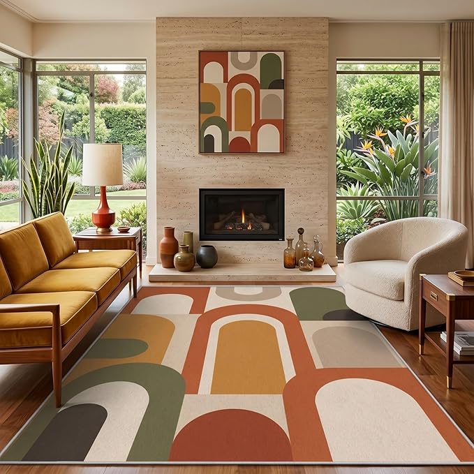 Mid Century Arch Area Rug 7x9, Terracotta Geometric Abstract Rug, Retro Modern Color Block Washable Low Pile Non Slip Rug for Living Room Bedroom