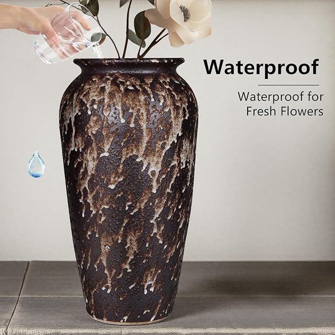 Ceramic Rustic Floor Vase, 12" Large Farmhouse Flower Vase for Home Decor, Vintage Vase Decor for Living Room Centerpieces,Office,Housewarming,Wedding