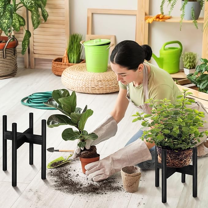 2 Pack Bamboo Plant Stands, Adjustable Plant Stand Indoor, Mid Century Modern Plant Stand, Plant Holder for Living Room, Balcony Fits 8 to 12 Inches Pots (Black)
