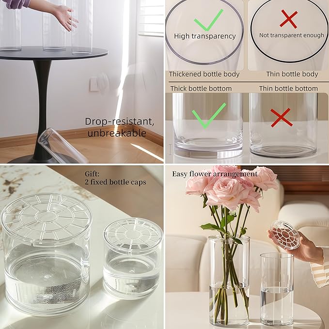 3 Acrylic Cylinder Clear Vase for Centerpieces, Tall Large Unbreakable Plastic Flower Vases for Home Decor (D 4.8" X H 7.8" - H 12" + 2 Holder)