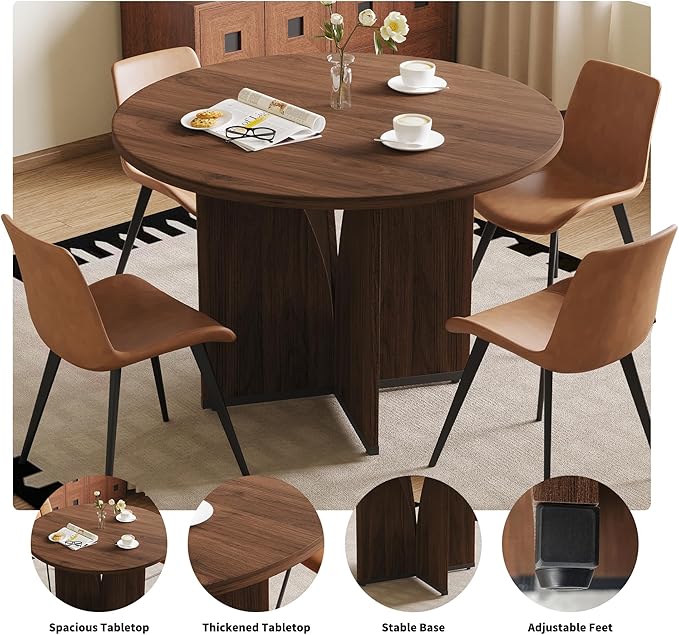 HIPIHOM Modern Round Dining Table Set for 2, 39.4" Walnut Kitchen Table with 2 PU Leather Chairs, 3-Piece Mid-Century Dining Room Set for Small Spaces, Pedestal Base & Ergonomic Padded Chairs