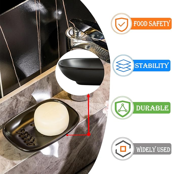 Soap Dish Soap Holder Shower, Ceramic Soap Dishes for Large Bar Soap Sponge, Shower Soap Dish Soap Saver Tray for Bathroom Kitchen Sink, Elegant Raised Leaf Design, Easy Dishwasher Cleaning, Black