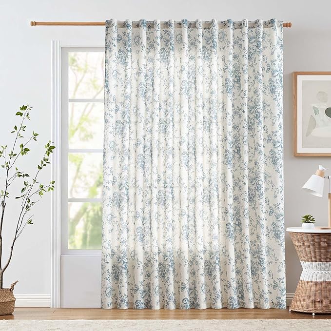 jinchan Linen Floral Curtains 100 Inch Extra Wide for Patio Sliding Glass Door Room Divider Curtain for Living Room 90 Inch Length Farmhouse Peony Blue Printed Curtain Set 1 Panel