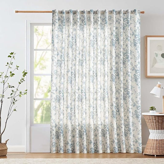 jinchan Linen Floral Curtains 100 Inch Extra Wide for Patio Sliding Glass Door Room Divider Curtain for Living Room 84 Inch Length Farmhouse Peony Blue Printed Curtain Set 1 Panel