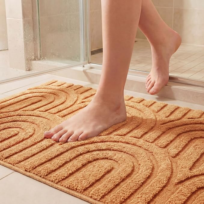 Drydiet Orange Boho Jacquard Bathroom Rug for Bathroom 3D Arched Stripes Non Slip Absorbent Extra Thick Soft Carpet, Plush Bath Rug with Rubber Backing for Bath Shower, 20''x30''