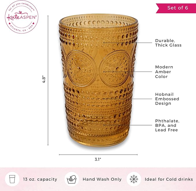 Hobnail Beaded Floral Amber Drinking Glasses Set of 6, (13 oz) Vintage Glassware Set by Kate Aspen| Cocktail Glass Set, Juice Glass, Water Cups | Great Hostess Gift & Gift for New Home Owners