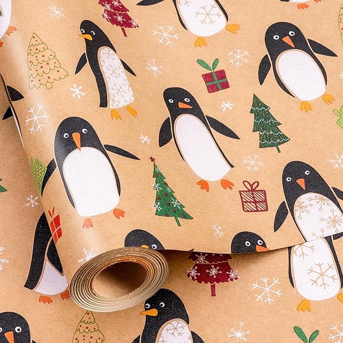 MAYPLUSS Christmas Wrapping Paper Roll - 17IN X 33FT - Kraft Gift Wrapping Paper Featuring Cute Penguin Christmas Tree Snowflake Reversible Cut Lines for Kids, Holiday, New Year