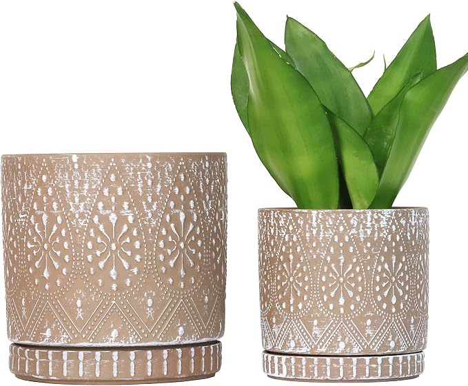 8 Inch + 6 Inch Plant Pot with Drainage Holes and Saucers, Indoor Ceramic Planter for Plants Succulent Orchid Flower Pots