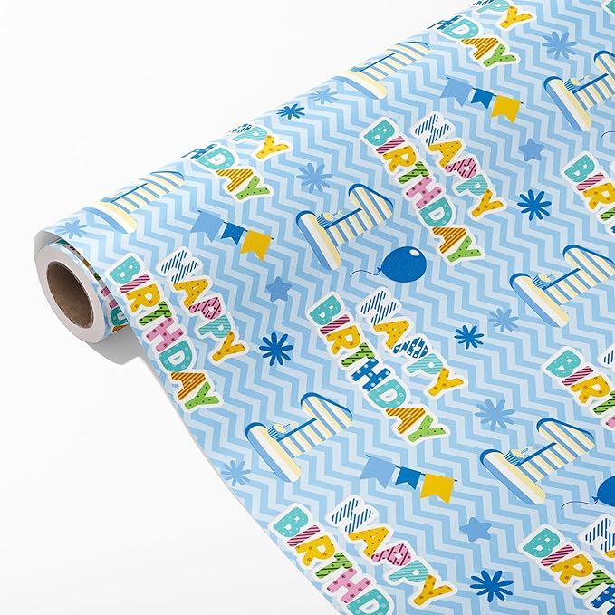 Altarho 1st Birthday Wrapping Paper Roll - Blue Happy Birthday with Balloon Gift Wrap Sheets for Kids Boys Baby Shower Party Decoration Celebration Total 28.5sq.ft
