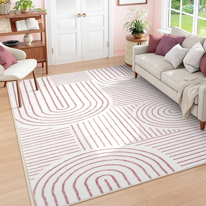 Lahome Abstract 8x10 Area Rugs, Soft Washable Rugs 8x10 Living Room Pink Rugs for Bedroom Dining Room, Ultra-Thin Carpet for Office Dining Room Darrell (8x10ft,Pink/White)