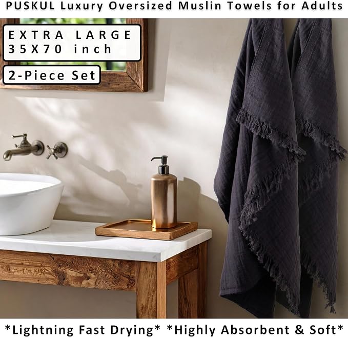 PÜSKÜL - Premium 2-Piece Oversized Muslin Bath Towel for Adult 35x70 Extra Large Bath Sheets | Natural 100% Turkish Cotton Soft Absorbent Quick-Dry Light Spa & Beach Towels(Pack of 2, Anthracite)