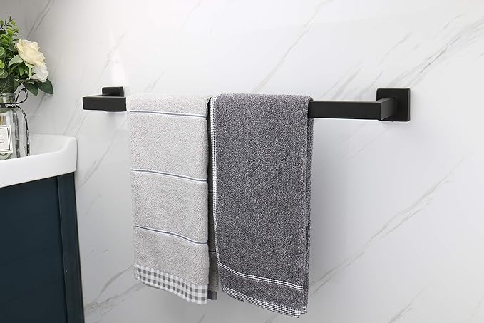 TocTen Bath Towel Rack - Square Base Thicken SUS304 Stainless Steel Towel Bar for Bathroom, Bathroom Accessories Towel Rod Heavy Duty Wall Mounted Towel Holder. (Black, 24)