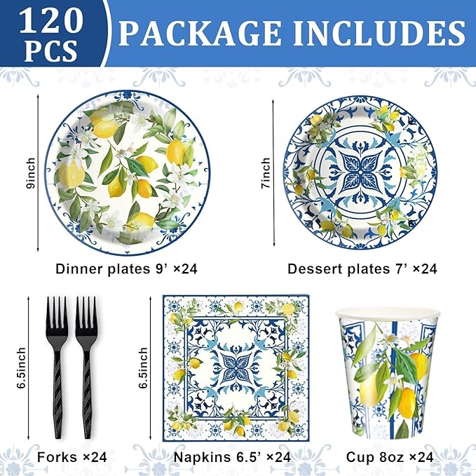 Amalfi Coast Plates and Napkins for Birthday Decorations Kit, Capri Lemon Tableware Supplies for Lemon Theme Summer Decor, Service 24 Guests
