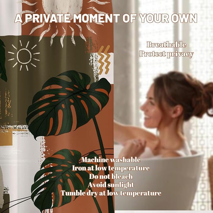 Mid Century Modern Shower Curtain Boho Abstract Tropical Leaf Shower Curtains for Bathroom Decor Sets, Waterproof Cloth Fabric with Hooks, 70x72 Inch