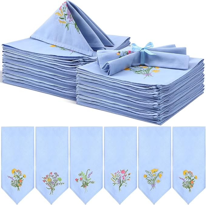 Tioncy 12 Pcs Christmas Floral Cloth Napkins Decorations Bulk Embroidered Wildflower Dinner Napkins Tea Cocktail Party Gifts Xmas Stocking Stuffers for Holiday Table Decor (Dusty Blue)