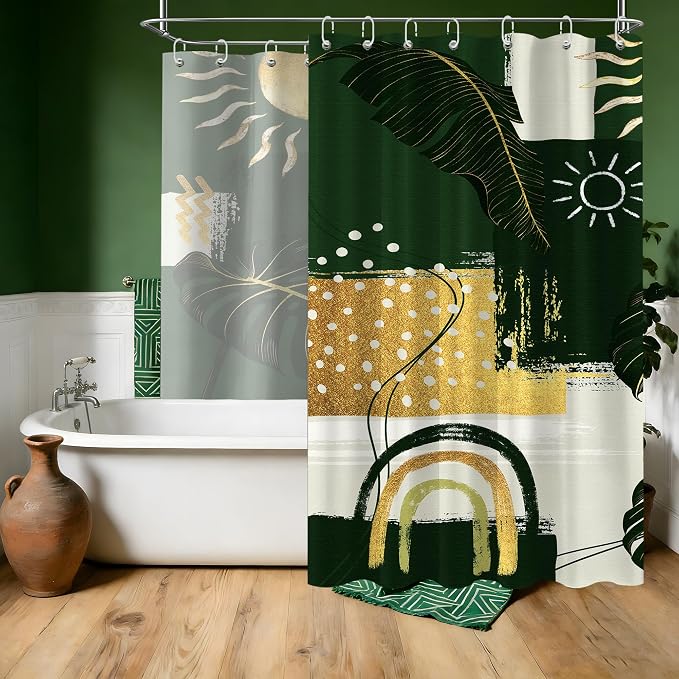 Extra Long Shower Curtain Extra Tall Green and Gold XL Abstract Tropical Leaf Shower Curtains for Large Bathroom Decor Sets, Waterproof Cloth Fabric with Hooks, 108x72 Inch