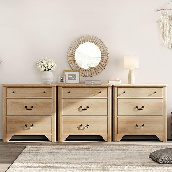 WAMPAT 3 in 1 Large Farmhouse Dresser Set, 94.5” W 9 Drawers Dresser for Bedroom with Wide Chest of Drawers for Bedroom, Living Room, Closet, Hallway, Office,Oak