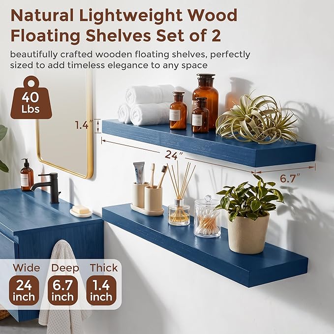 fuqing Dark Blue Floating Shelves | 24 Inch Floating Shelves for Wall Set of 2 | 24" W x 6.7" D x 1.4" H Blue Shelves for Bathroom Living Room Bedroom Kitchen