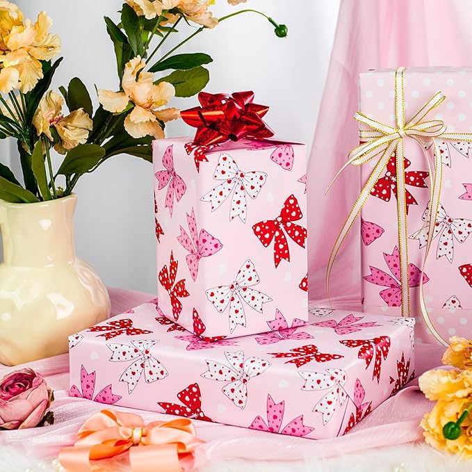 Yarcony Reversible Pink Wrapping Paper Roll for Girl Women, Cute Pink Coquette Bow Design Girly Gift Wrap for Birthday, Wedding,Valentine's Day, Christmas, Baby Shower, Party(17 Inch X 33 Feet)