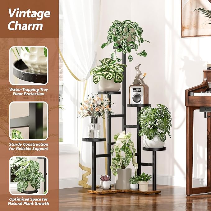 5 Tiered Plant Stand Indoor with 7.1 Inch Wide Tray, Corner Metal Plant Stand Outdoor Tall Flower Holder Stand, Tall Rack for Display Shelf for Patio Porch Office LivingRoom - BlackDisk