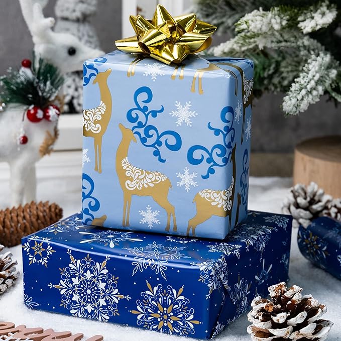 MAYPLUSS Christmas Wrapping Paper Roll - 17 Inch X 33 Feet - Navy Blue Christmas Snowflake Reversible Gold Reindeer Gift Wrapping Paper, Thick Wrap Paper for Holiday Party New Year Kids
