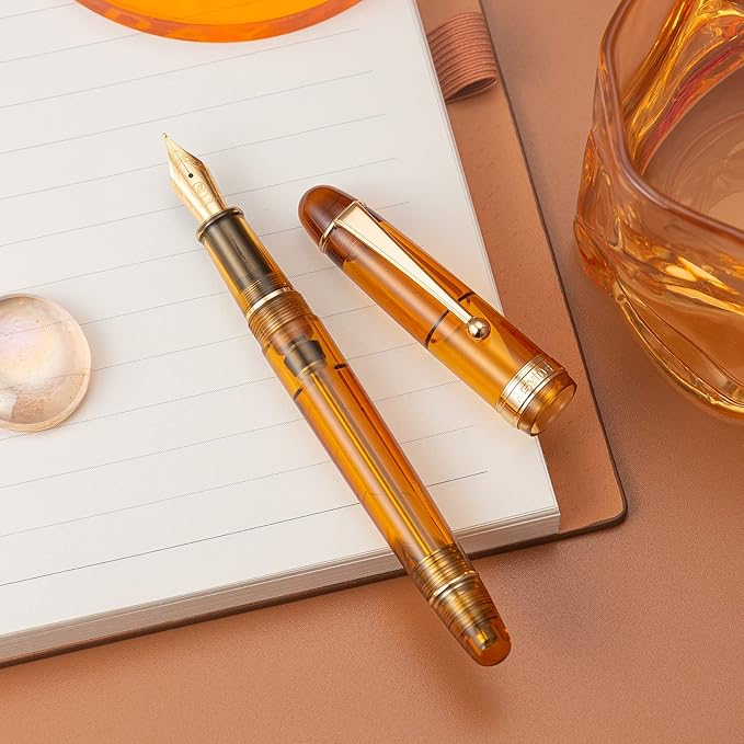 Asvine V126 Vacuum Filling Fountain Pen Extra Fine Nib, Transparent Brown Acrylic, Large-Capacity with Gift Case