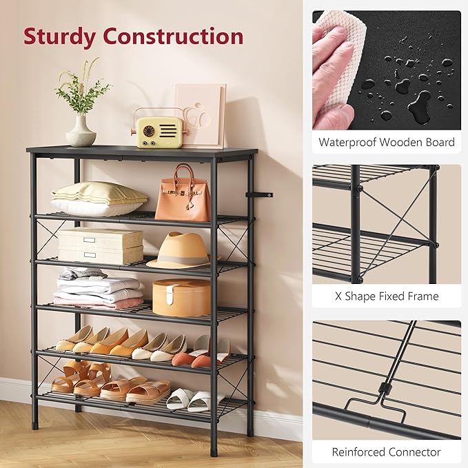 Tajsoon 6 Tier Shoe Rack Organizer for 20-24 Pairs of Shoes, Metal Mesh Shoe Shelf for Closet, Industrial Shoe Rack for Entryway Shoe Storage with X Shape Fixed Frame, Black