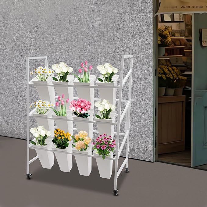 3-Layers Flower Display Stand Metal Plant Holder with 12PCS Buckets Moving Plant Cart Shelf Flower Shelf for Florist Garden Patio,3.28 * 1.84 * 4.04ft (White Frame With White Buckets)