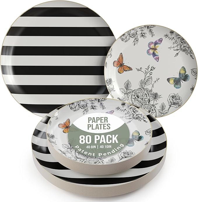 Trendables Floral Paper Plates 8.5 Inch & 10.5 Inch 80 Pcs Dinner Plate Set Fancy Disposable Plates for Party for 40 Guests 40 X 8 & 40 X 10 Large & Small Paper Plate Set for Parties Monarch