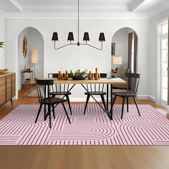 Washable 8x10 Pink Area Rug Modern Abstract Carpet Non Shedding Living Room Area Rug Soft Bedroom Rugs Stain Resistant Boho Rainbow Large Carpet for Girl Room Nursery Dining Room, Pink
