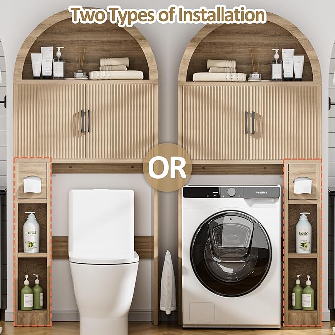 Spurgehom Over The Toilet Storage Cabinet, Bathroom Shelf Organizer Freestanding, Bathroom Arch Cabinet Over Toilet with Toilet Paper Holder and Anti-Tipping Device, Wood