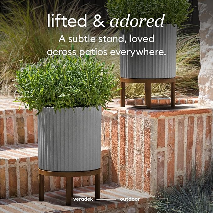 Veradek Demi Series Round Planter w/Stand for Porch/Patio | Durable Plastic-Stone Composite & Wooden Stand | Modern Décor for Tall Plants, Flowers